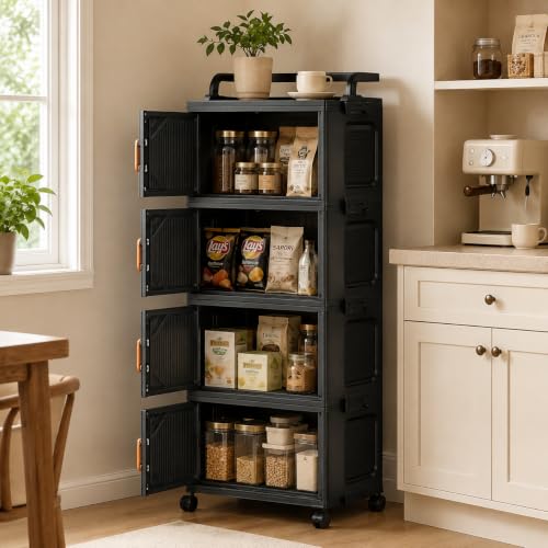 Image of KRISHYAM 4-Tier Plastic Storage Cabinet with 8 Doors & Wheels, Water-Resistant Multipurpose Clothes Organizer, Modular Cupboard for Bedroom, Bathroom & Home, 109 x 46 x 27 cm