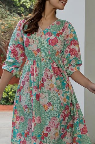 Image of Janasya Knee Length Women's Pure Cotton Floral Printed Fit & Flare Dress