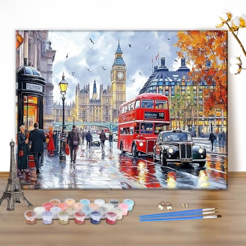 MEIYUDA Pintar por Numeros Adultos Ciudad de Londres, DIY Painting by Numbers Kits Cuadros por Numeros, Pintura de Bricolaje Sobre Lienzo con Pinceles Decoración para el Hogar 40x30cm(sin marco)