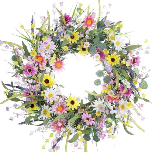 Door Wreaths 55 cm, Spring and Summer Door Wreath, Artificial Flowers, Green Leaves Wreaths, for Front Door Outdoor, Window
