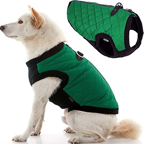 Image of Gooby Fashion Vest Dog Jacket, Green, X-Large | Quilted bomber, water-resistant; Stretch knit bottom; Dual D-ring leash; Pain-free zipper guard; Warm