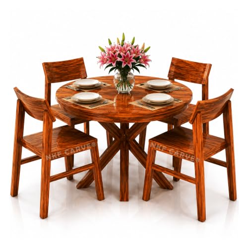 Image of Sheesham Wood Four Seater Dining Table & Chair Wooden 4 Seater Solid Sheesham Wood Round Dining Table with Curved Backrest Pattern Chairs for Home & Dining Room Shining Honey Finish
