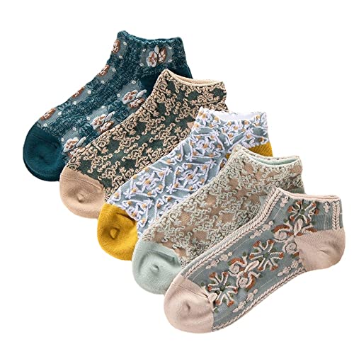 Aokadute 5/10 Pairs Low Cut Crew Ankle Socks Cute Cotton Floral No Show Novelty Funny Ankle Socks For Women (Multicolor - 5 Pairs,Us,Alpha,One Size,Regular,Regular) #TOP10