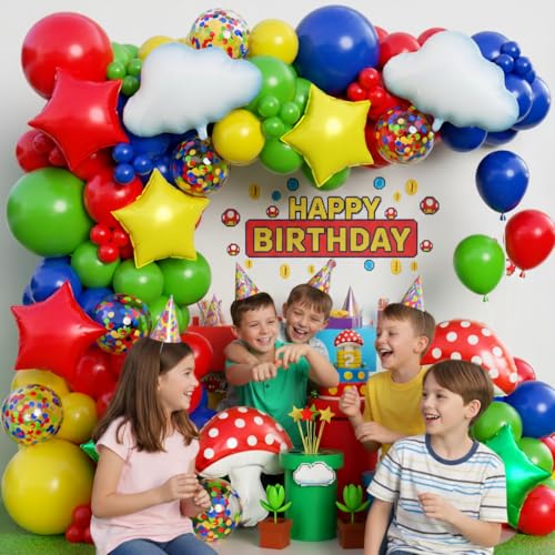 Image of Red Blue Green Yellow Balloon Arch Garland Kit 172pcs with Cloud Mushroom Star Balloons, Video Game Balloon Arch Kit for Gamer Birthday Cartoon Video Game Bros Party Decorations