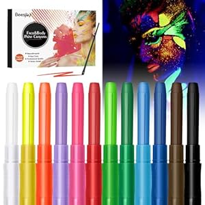 12 Color Face Painting Kits for Kids, Beesjuy Neon Face Paint Glow in the Dark Makeup Kit Plant Ingredients UV Face Crayons, Fluorescent Painting Party for Adults&Kids (5 Neon)