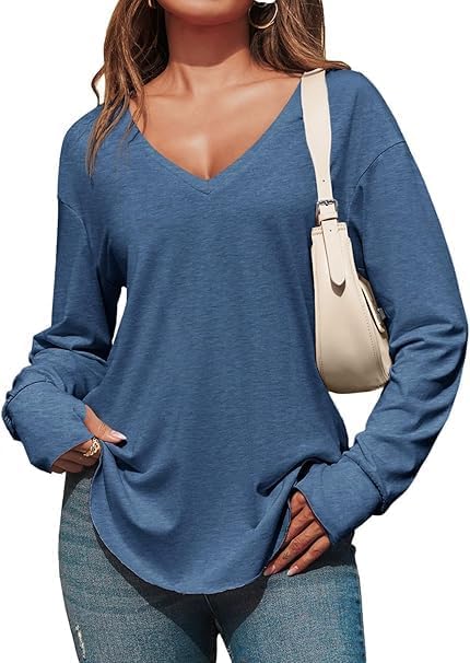 Women's V-Neck Long Sleeve Tunic Top, Casual Loose Fit Pullover Shirt in Blue