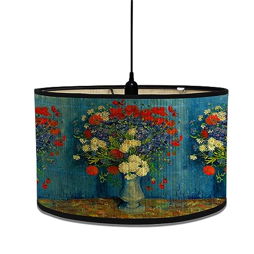 Morbuy Bamboo Lampshade for Table Lamp, Oil Painting Pattern Vintage Style Diameter 30cm Wooden Bedside Light Lampshade Light Shades Wall Light Lamp Shades for Desktop Accessories (Red Flowers)