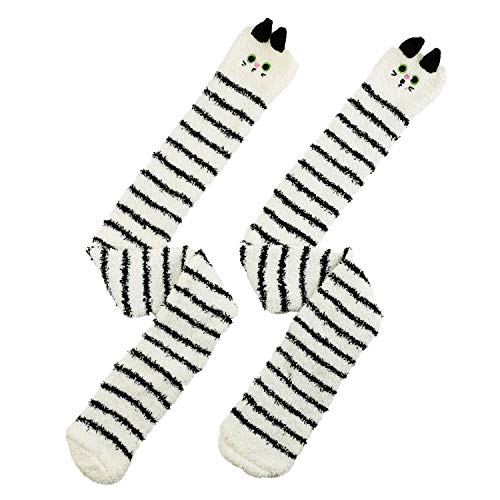 Image of Wander G Womens Over Knee High Fuzzy Socks Cute Cartoon Thigh High Stockings Warm Stripe Leg Warmers