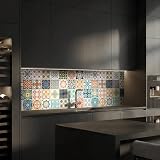 Dedeco - Parete della cucina con motivo di piastrelle V8, 280 x 60 cm, 3 mm di piastra in alluminio come protezione per pareti cucina, impermeabile, con vernice lucida UV, adatta a molte superfici