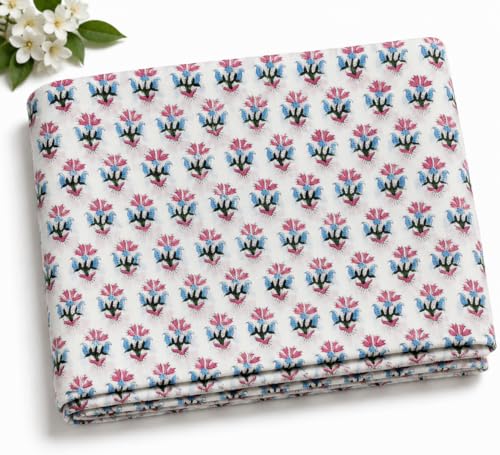 Indian hand block pink floral cotton fabric image