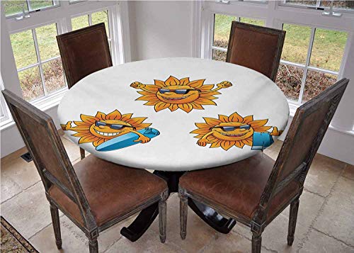 Round Table Cover with Elastic Edges,Surf Sun Characters Wearing Shades and Surfboards Fun Hippie Summer Kids Design Picnic Tablecloth,Diameter 54"