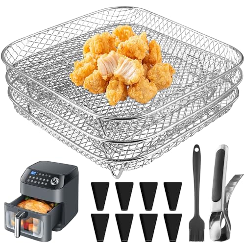 Estante para freidoras de aire, 3 capas, apilable, de acero inoxidable, cuadrados, para freidoras de aire caliente, accesorios con 8 pies de silicona, 1 pinzas y 1 cepillo para la mayoría de freidoras