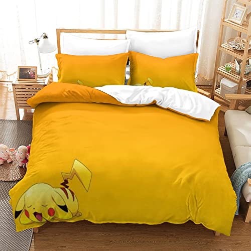 Pokemon Parure de lit avec housse de couette 3D avec 2 taies d'oreiller avec fermeture éclair et housse de couette en microfibre douce simple (135 x 200 cm) Cover