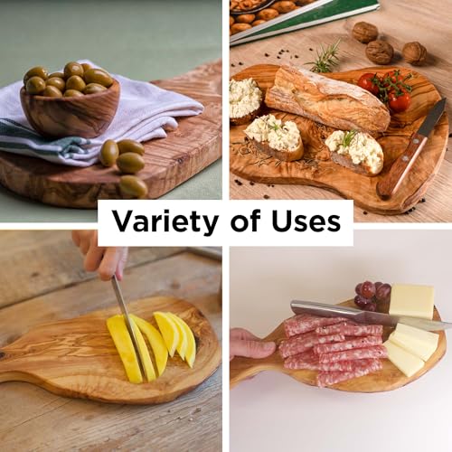 Tábua de corte de madeira de oliveira feita à mão com alça para cozinha, acabamento natural rústico,