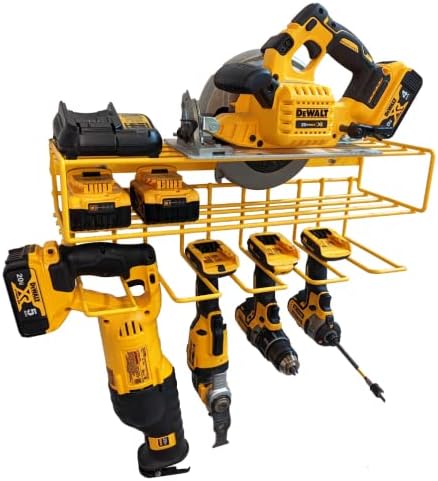 c2M Heavy Duty Floating Tool Shelf & Organizer | Wall Mounted Garage Storage Rack for Handheld & Power Tools | USA Made, 100# Weight Limit, Compact Steel Design | Perfect for Dewalt Tools | Yellow