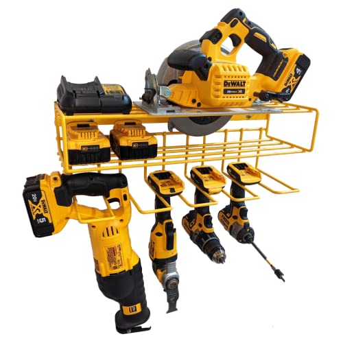 C2M Heavy Duty Floating Tool Shelf & Organizer | Wall Mounted Garage Storage Rack For Handheld & Power Tools | Usa Made, 100# Weight Limit, Compact Steel Design | Perfect For Dewalt Tools | Yellow #TOP30