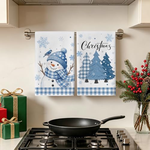 Image of Hexagram Christmas Hand Towels for Bathroom Set of 2, Christmas Bathroom Decor, Blue Snowman Pattern, Soft Hand Towels 18x28 Inches