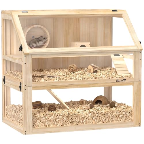 PawHut Hamsterkäfig aus Holz 3 Etagen Wippe 80 x 50 x 76 cm Naturholz | Nagerkäfig, Kleintierkäfig, Laufrad, Hütte, Tiefes Untergeschoss, Mäusekäfig, für Zwerghamster
