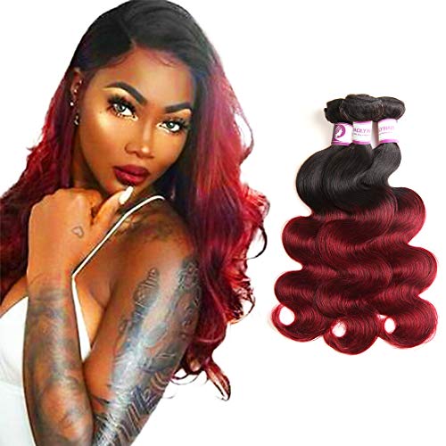 1B 99J Ombre Brazilian Body Wave Hair 3 Bundles, 10A Grade Burgundy Dark Red Bodywave Weave Human Hair Extensions 100g/pcs, 100% Unprocessed Hair (18"20"22")