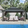 Domi 10’ X 14’ Hardtop Gazebo Canopy with Netting & Curtains, Outdoor Aluminum Gazebo with Galvanized Steel Double Roof for Patio Lawn and Garden, Gray