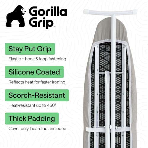 Image of GORILLA GRIP The Original Ironing Board Cover and Pad, Silicone Coating, 400F Scorch Resistant Thick Padding, Heavy Duty Iron Covers Standard Boards, Hook and Loop Fastener Strap, Silver 18x49