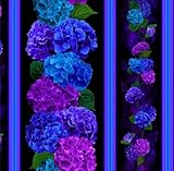 Timeless Treasures Midnight Bloom Blue and Purple Hydrangea Floral Border Stripe Cotton Fabric by The Yard