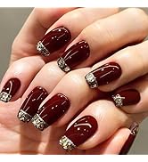 Red Press on Nails Medium Coffin Fake Nails Gold Glitter French Tip False Nails Wine Red Glue on ...