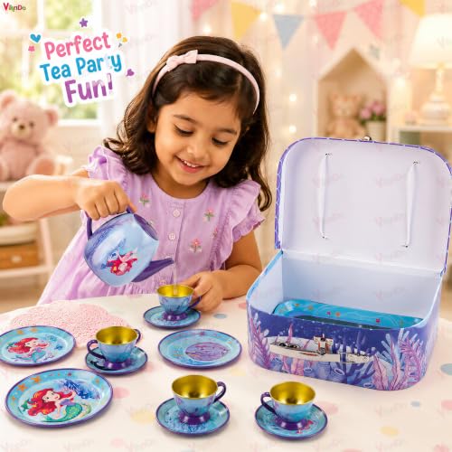 Image of VikriDA Cute Mermaid Kids Tea Set, 15Pcs Tea Party Set for Toddlers Afternoon Tea Time Playset with Teapots Tea Cups Play Dishes Princess Toys Gifts with Carry Case