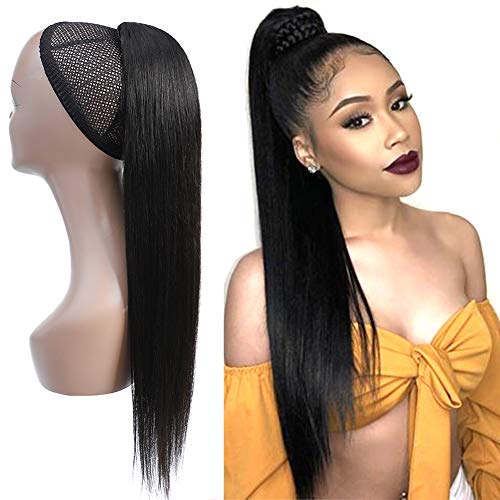 Feelgrace Straight Ponytail Wrap Drawstring Brazilian Virgin Human Hair Extensions Natural Black Clip in Silky Remy Hair Pieces for Women 130g/set (10 Inch, Straight)
