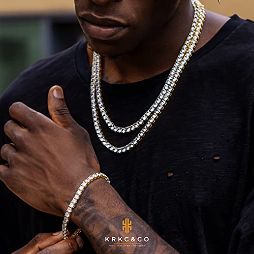 KRKC&CO Tennis Necklace Chain for Men, Luxury Anniversary Birthday Gift for Him, Plated Iced Out Prong-Setting 5A Cubic Zirconia Stones Hip Hop Rappers Jewelrys, 5mm 18in