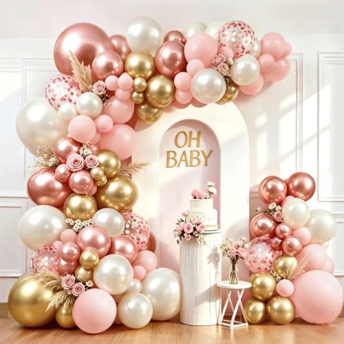 Image of Rose Gold Pink Balloon Arch Kit, Pearl White,129 pcs,Different Size