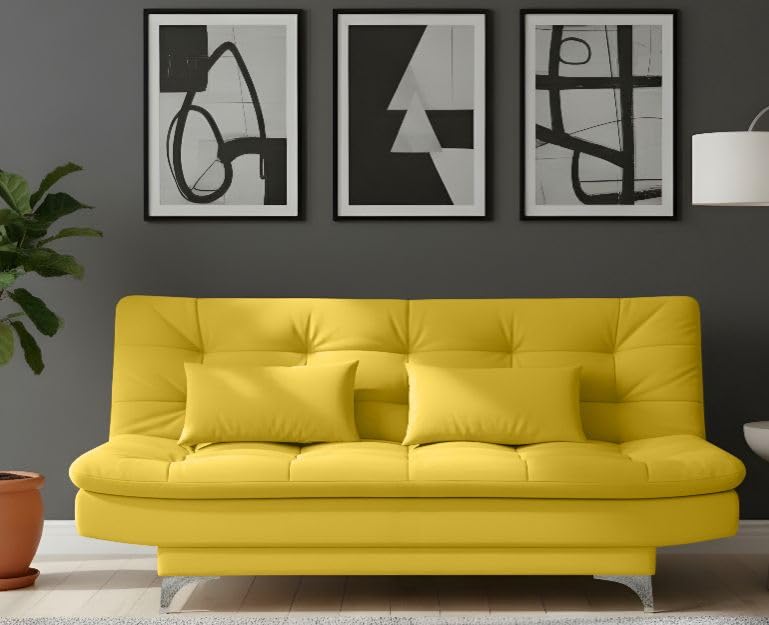 AMATA Eagle 3 Seater Sofa Cum Bed Yellow Suede Velvet Fabric with Two Cushions Perfect for Home Living Office Room and Guests (Yellow, Medium)(3 Year Warranty)