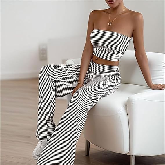 Women's Going out Navel-Baring Short Striped Tube Top Two-Piece Set, Strapless Top and Pants Set Striped Two Piece Set2