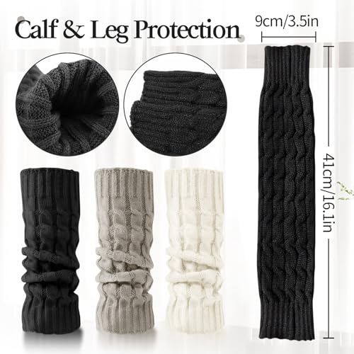 3 Pairs Women's Leg Warmers, Knee High Knit Warmers, Winter Leg Warmers for Long/Low Boot Socks Dance Sports Cycling, White, Black, Gray3