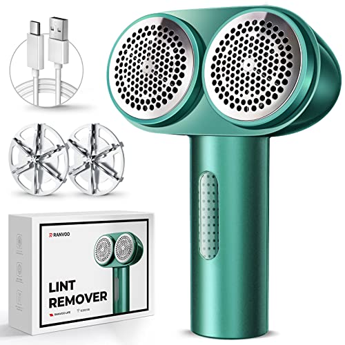 RANVOO Electric lint Remover Shaver, 100% Remove Fuzz, Dual-Head Fabric Shaver with 2 Speeds, 2 Replaceable 6-Leaf Blades, Rechargeable Sweater Shaver for Clothes Bedding Furniture, Emerald Green