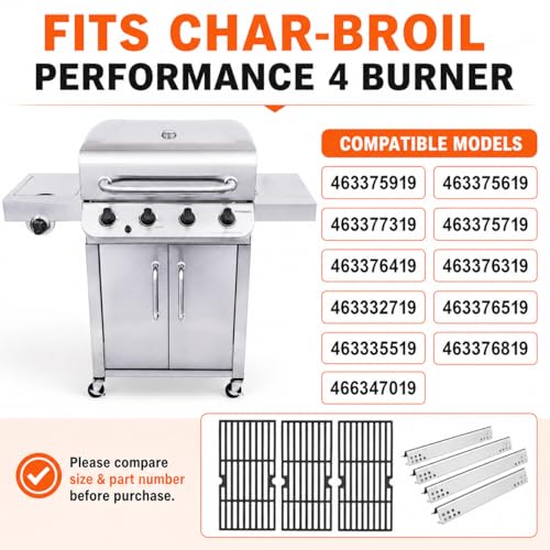Image of Grill Parts for Char-Broil Performance 4 Burner, Fits 463375919, 463377319, 463376419, 463332719, Heat Plates G470-0004-W1A & Cast Iron Cooking Grates, For Char Broil 4 Burner Replacement Parts