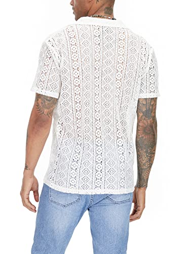 URRU Mens Floral Lace Shirt Short Sleeve Hollow Out Sheer See Through Casual Button Down Shirts4
