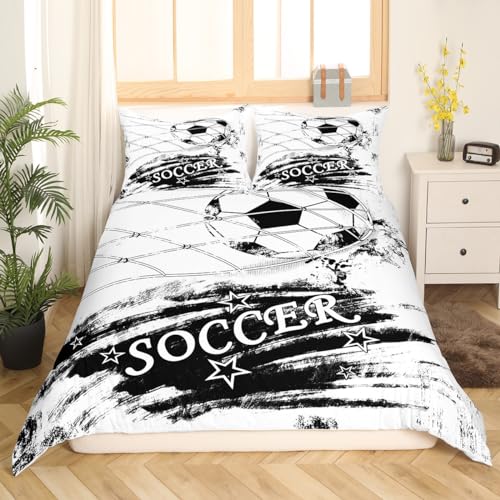 Fotbolls påslakanset barn graffiti sängkläder set svartvitt täckeset för kvinnor män rum dekor lätt amerikansk sängöverkast skydd med 1 örngott