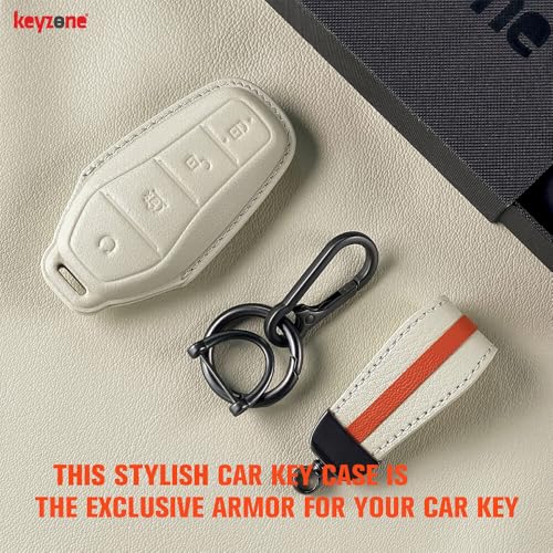 Image of Keyzone Royal Leather Car Key Cover with Keychain for BYD Seal and Atto 3 smart Key (Vanilla Satin)