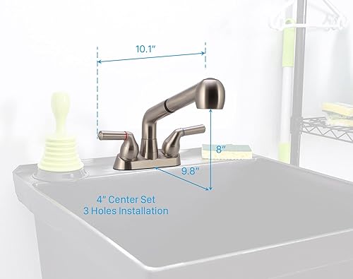 Miniatura 6 de Grifo de lavabo utilitario, grifo de lavadero con rociador extraíble, grifo de plástico ABS, centro de 4 pulgadas, instalación de 3 agujeros, no