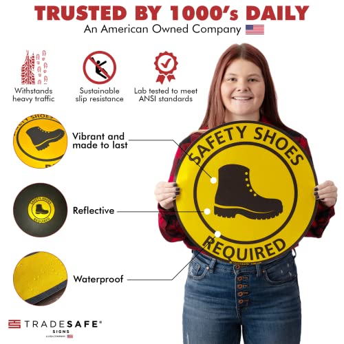 Tradesafe Safety Shoes Required Anti-Slip Floor Sticker - Closed Toe Shoes Required Caution Sign, Peel And Stick Adhesive Vinyl Sign, Ansi-Compliant, 17” Diameter Round Sticker #TOP1