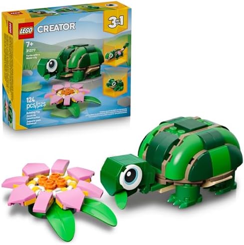 LEGO Creator 3 in 1 Turtle with a Water Lily Flower Building Toy for Girls & Boys - Kids Build a Chameleon, Frog, or Turtle Toy Figure - Gift Idea for Animal Lovers, Ages 7+ - 31377