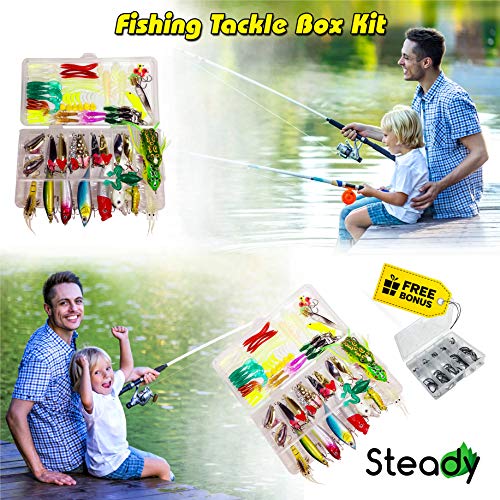 steady Essentials Fishing Tackle Beginner Kit (183 Pcs!!) Assortment, Novice, Bass Worms, Lure Trout, Salmon, Catfish, Metal Hooks, Includes Crankbaits, Bait Jigs, Spoons, Trout Spinner, Soft Plastic - Thumbnail 2