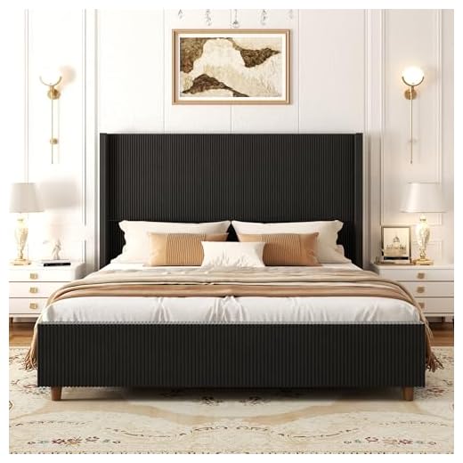 Sismplly 62’’ Tall King Size Bed Frame with Corduroy Upholstered Platform Bed, Extra Wingback Headboard and Vertical Stripe, Box Spring Option, Solid Wood Slats, Noise Free, Black