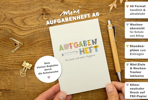 Eine der Guten Hausaufgabenheft A6 für Grundschule, mit Wochenübersicht, Stundenplan & Mini-Ziele, nachhaltiges Aufgabenheft für Kinder
