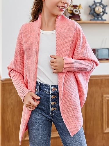 Image of Girls Long Sleeve Open Front Casual Lightweight Soft Knit Cardigan Sweater Outerwear Pink