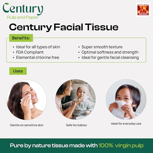 Image of Century 2 Ply 100% Virgin Pulp Soft Facial Tissue Box | Car Tissue - 100 Pulls Per Roll (Pack of 4)