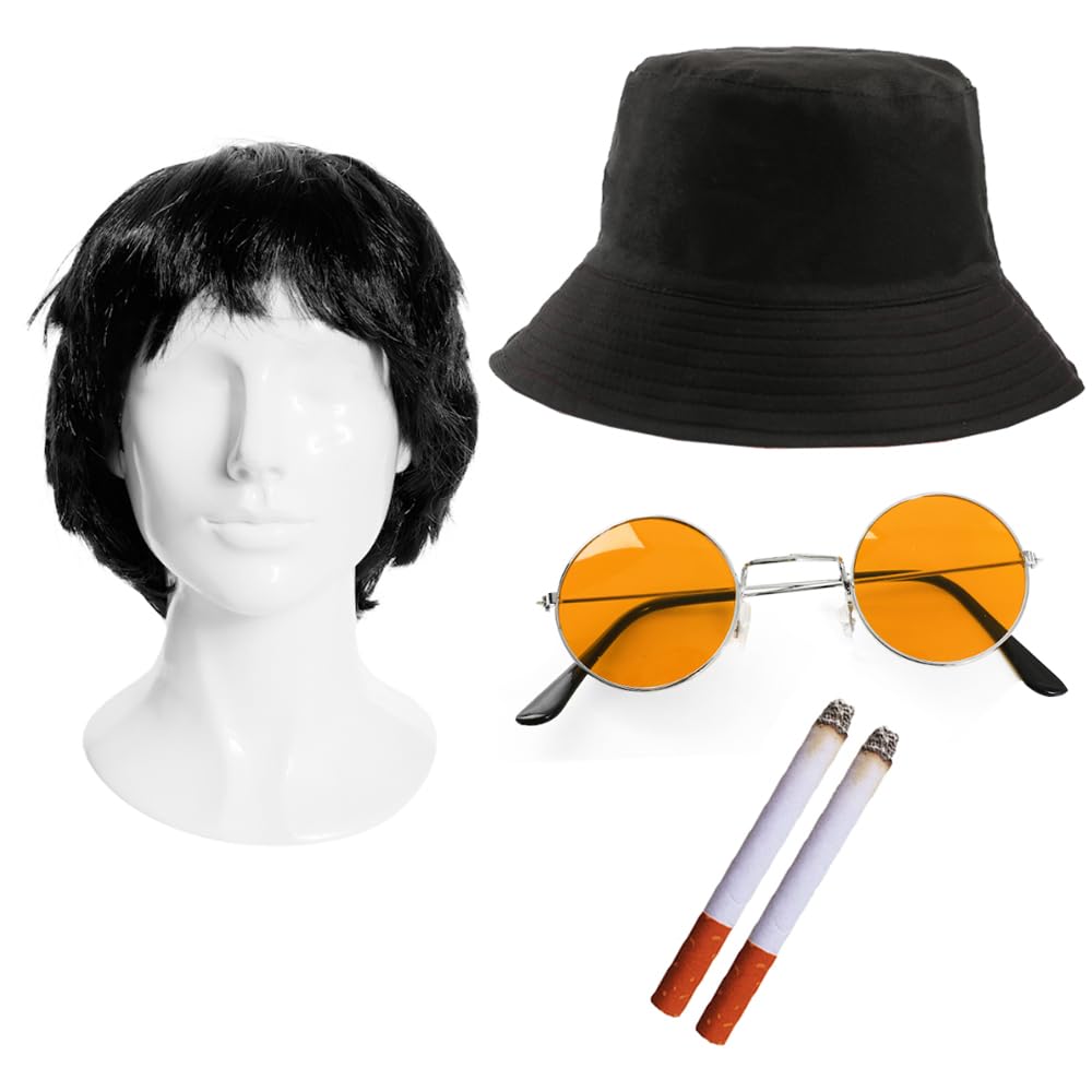 Adults Rock Band Accessory Set - Reversible England Bucket Hat, Black Wig, Round Orange Glasses, 2 Fake Cigarettes - Adults 5-Piece Music Best of British Party Fancy Dress Costume Accessory Set