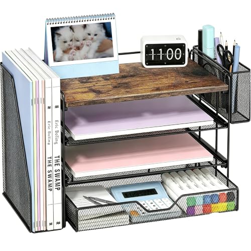 Image of OPNICE Desk Organizers and Accessories, 4-Tier Desktop File Organizer with Drawer and Pen Holders, Office Desk Accessories Workspace Organizers for Office Supplies (Brown)