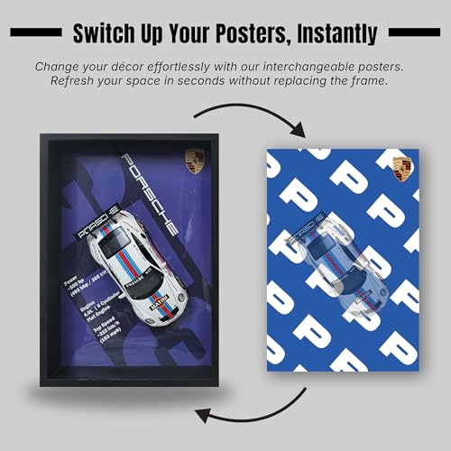 Image of CodersParadise - Porsche GT3 RS 3D Car Frame Wall Art | 1:32 Die-Cast Metal Model Car with Red & Blue Racing Stripes | Wooden Display Frame, Detachable Miniature, Interchangeable Posters, Pull-Back Action, Lights & Opening Doors | Collectible Gift for Cars Lovers